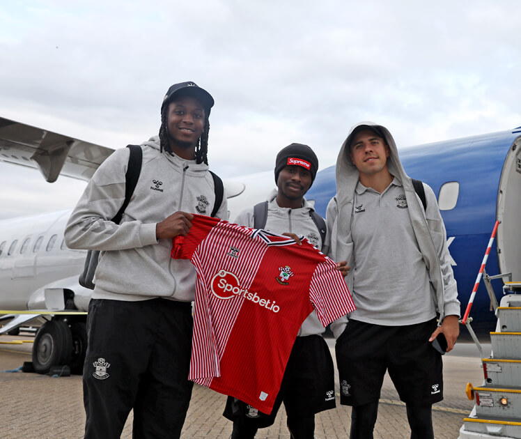 Joe Aribo, Nathan Tella and Jan Bednarek with Blue Islands